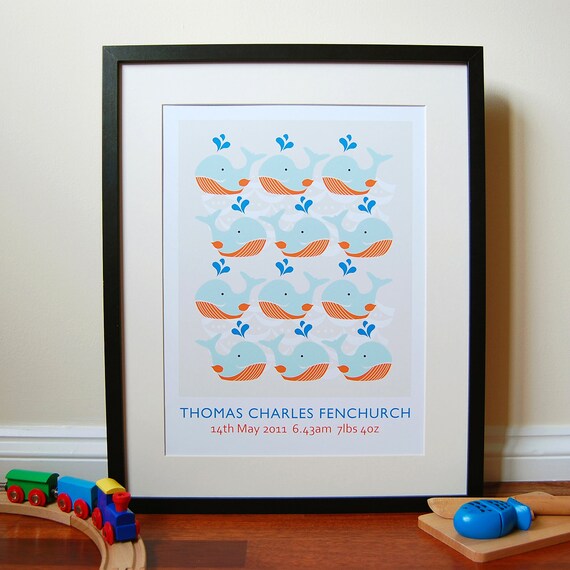 Swimming Whales Print - Custom modern nursery art poster - A3 (297 x 420 mm)