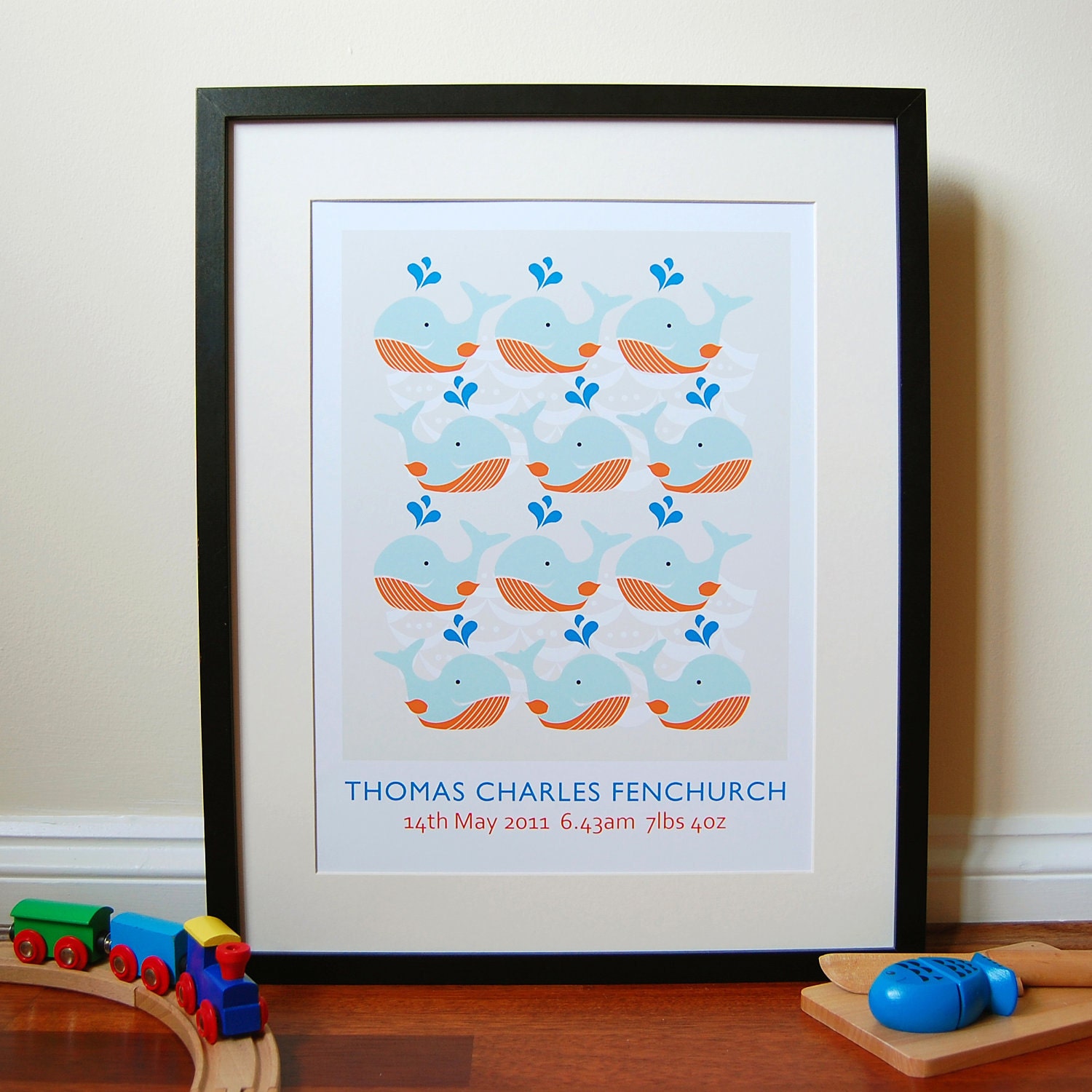 Swimming Whales Print - Custom modern nursery art poster - A3 (297 x 420 mm)