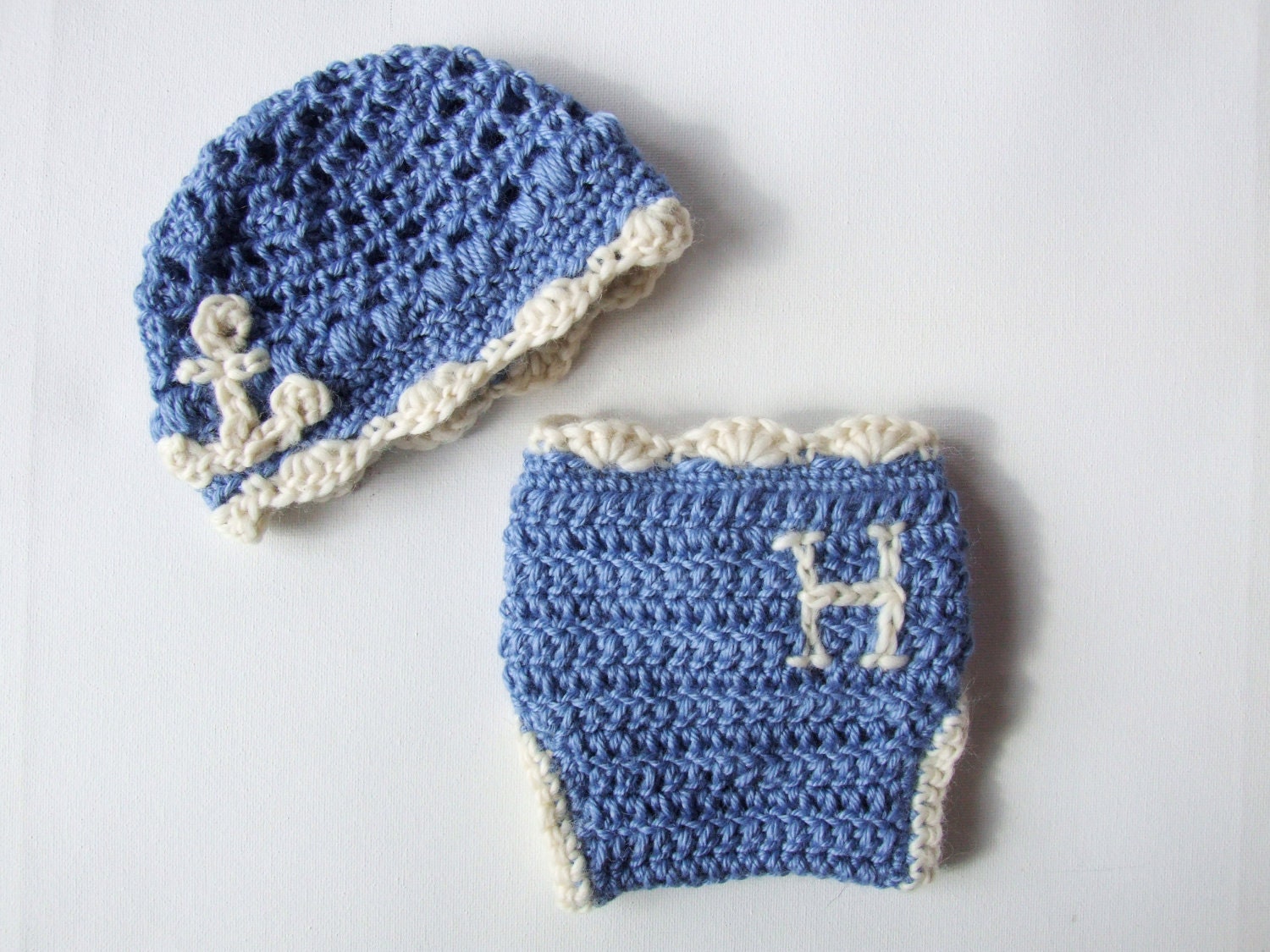 Crochet Baby Hat and Personalized Initial Diaper Cover Button Closure Anchor Set Photography Prop Featured in Etsy Finds