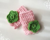 Crochet Fingerless Gloves Children's Spring Flower Preppy Pink and Green - KingSoleil