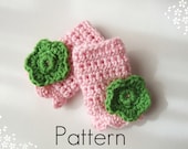 Crochet Pattern Children's Fingerless Gloves with Crochet Flower Applique PDF Picture Tutorial