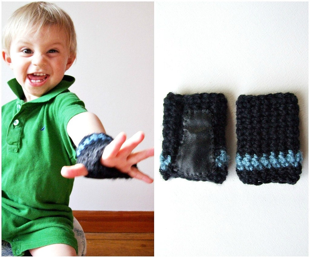 Children's Leather and Crochet Fingerless Gloves Crawlers Motorcycle Hipster Baby Accessories Black and Blue Upcycled Leather