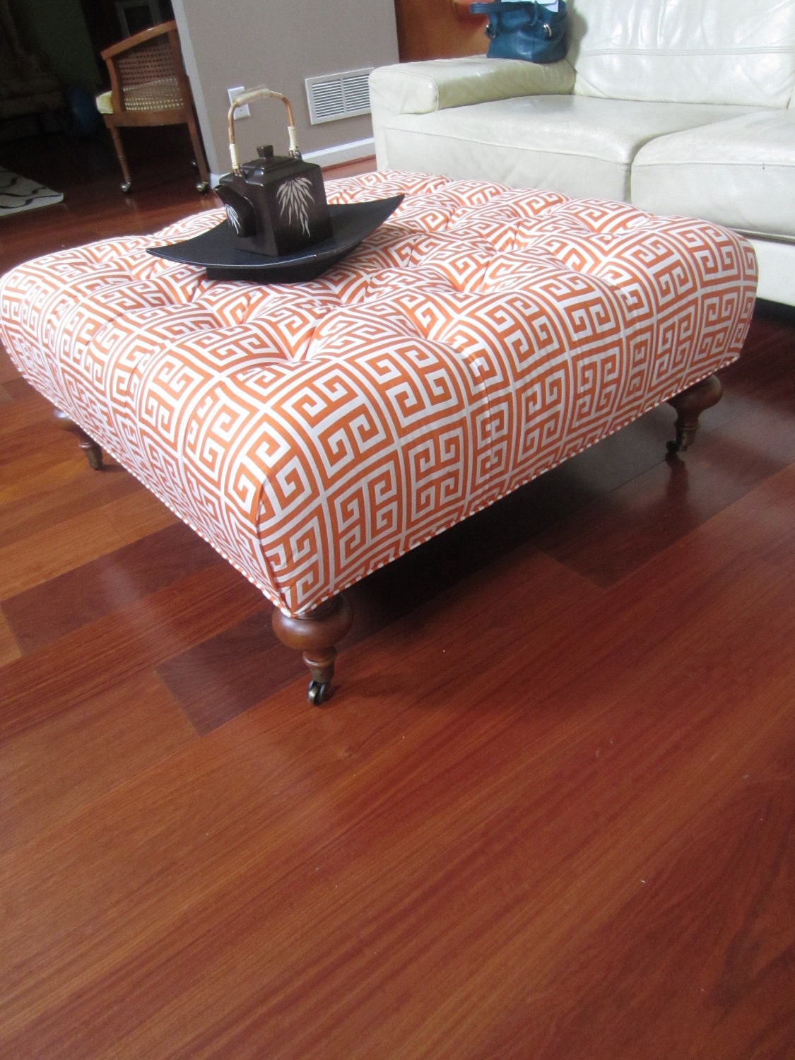 Ottoman - Diamond tufted Greek Key Ottoman