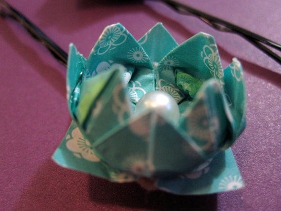 Set of 2 Paper Origami Lotus Flower Hairpins - Aqua / Teal with White Pearl Bead