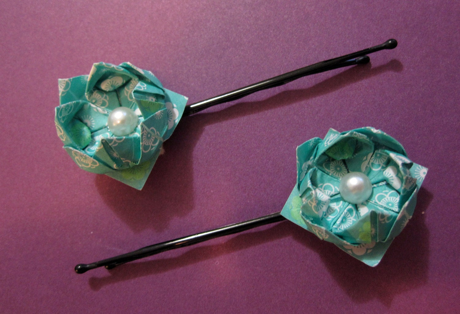 Set of 2 Paper Origami Lotus Flower Hairpins - Aqua / Teal with White Pearl Bead