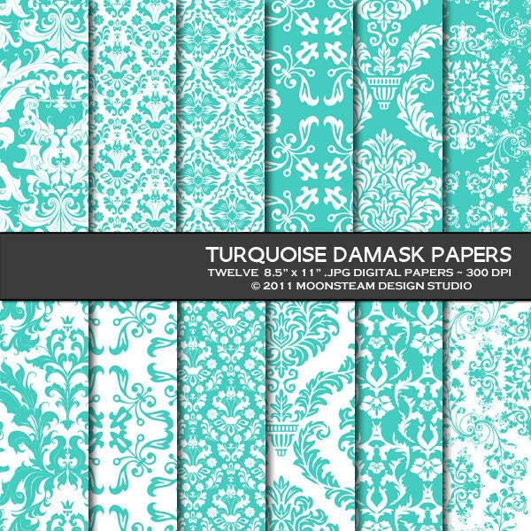 INSTANT DOWNLOAD Turquoise Damask Digital Backgrounds, Turquoise Damask Digital Papers, 8.5x11 12x12 A4 Commercial Use