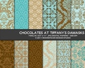 INSTANT DOWNLOAD Choclates at Tiffanys Damask Digital Backgrounds Blue and Brown Damask Digital Paper 8.5x11 or 12x12 or A4 Commercial Use