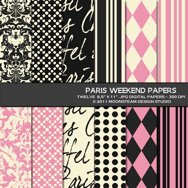 INSTANT DOWNLOAD Paris Weekend Digital Backgrounds, Pink, Black, Cream Paris Weekend Digital Papers, 8.5x11 or 12x12 or A4 Commercial Use
