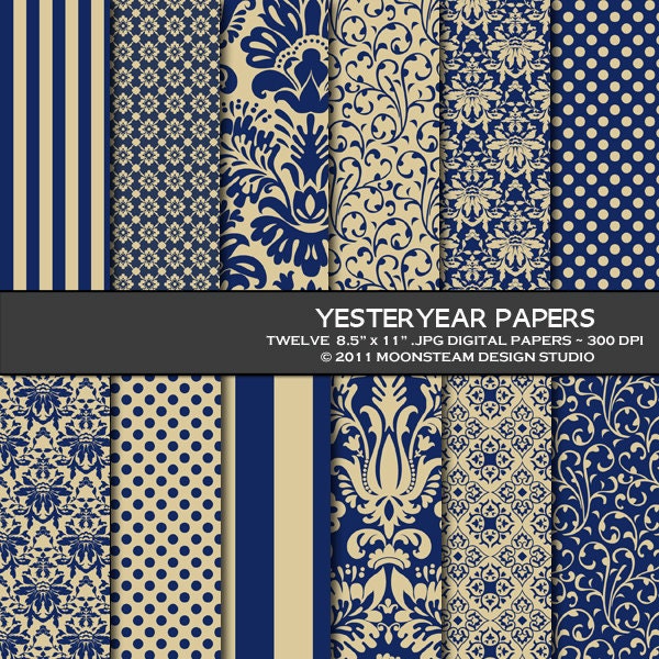 INSTANT DOWNLOAD Navy Blue and Tan Digital Scrapbook Papers Yesteryear Digital Backgrounds Printable 8.5x11 12x12 A4 Commercial Use