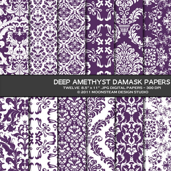 INSTANT DOWNLOAD Dark Purple Damask Digital Scrapbook Paper, Deep Amethyst Damask Digital Backgrounds, 8.5x11 or 12x12 or A4 Commercial Use
