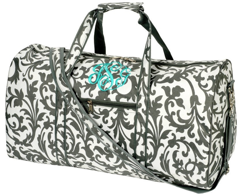 8 Personalized With Embroidery Large Grey and White Damask Duffle Bags For Bridesmaids Gifts