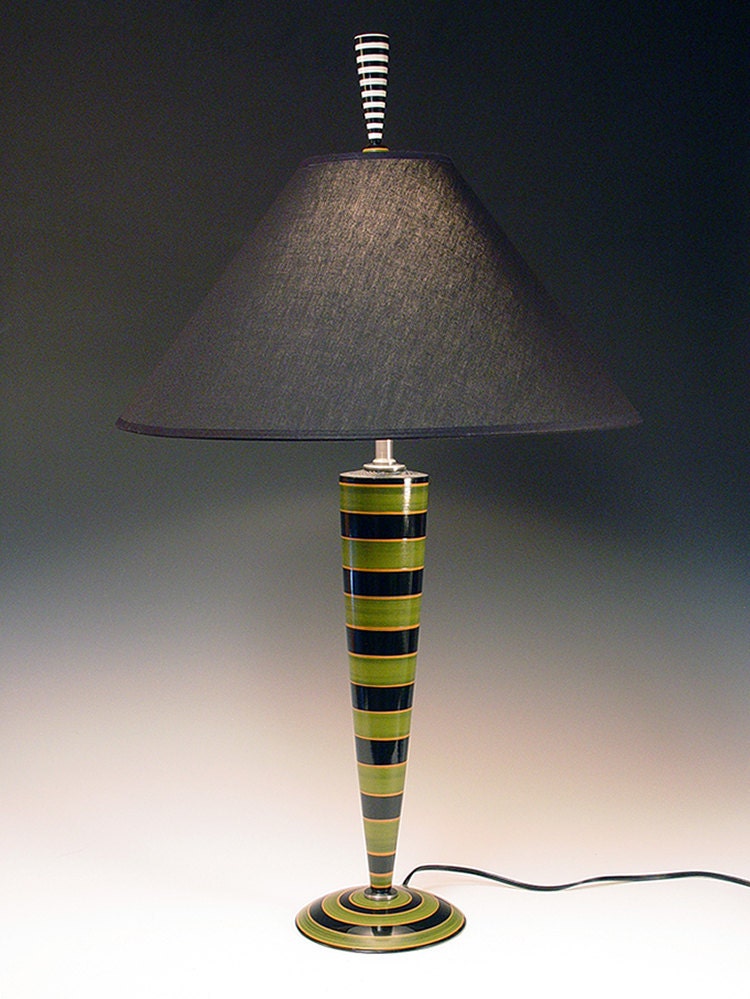Handmade lamp. Table lamp. Desk Lamp.  Hand painted with green and black stripes. Black and white finial. Wonderfully whimsical. 72