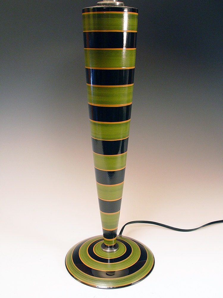 Handmade lamp. Table lamp. Desk Lamp.  Hand painted with green and black stripes. Black and white finial. Wonderfully whimsical. 72