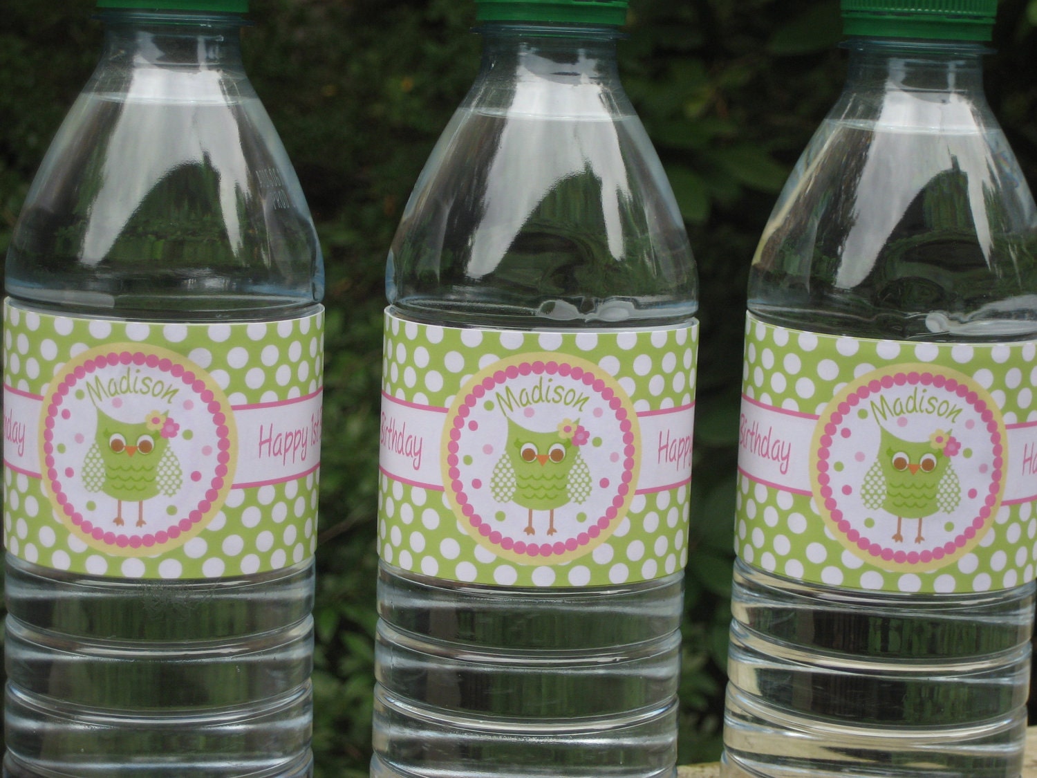 Pink and Green Owl Water Bottle Labels