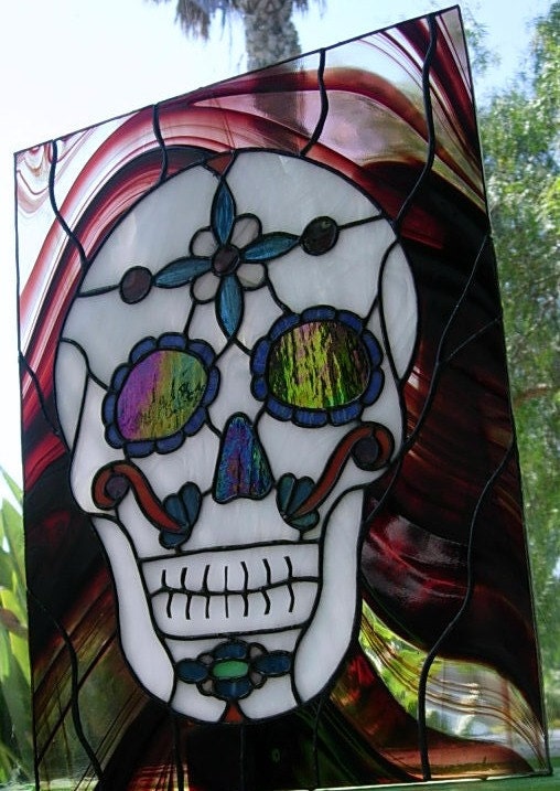 Stained Glass Day of the Dead Sugar Skull - Unique, One of a Kind Gift