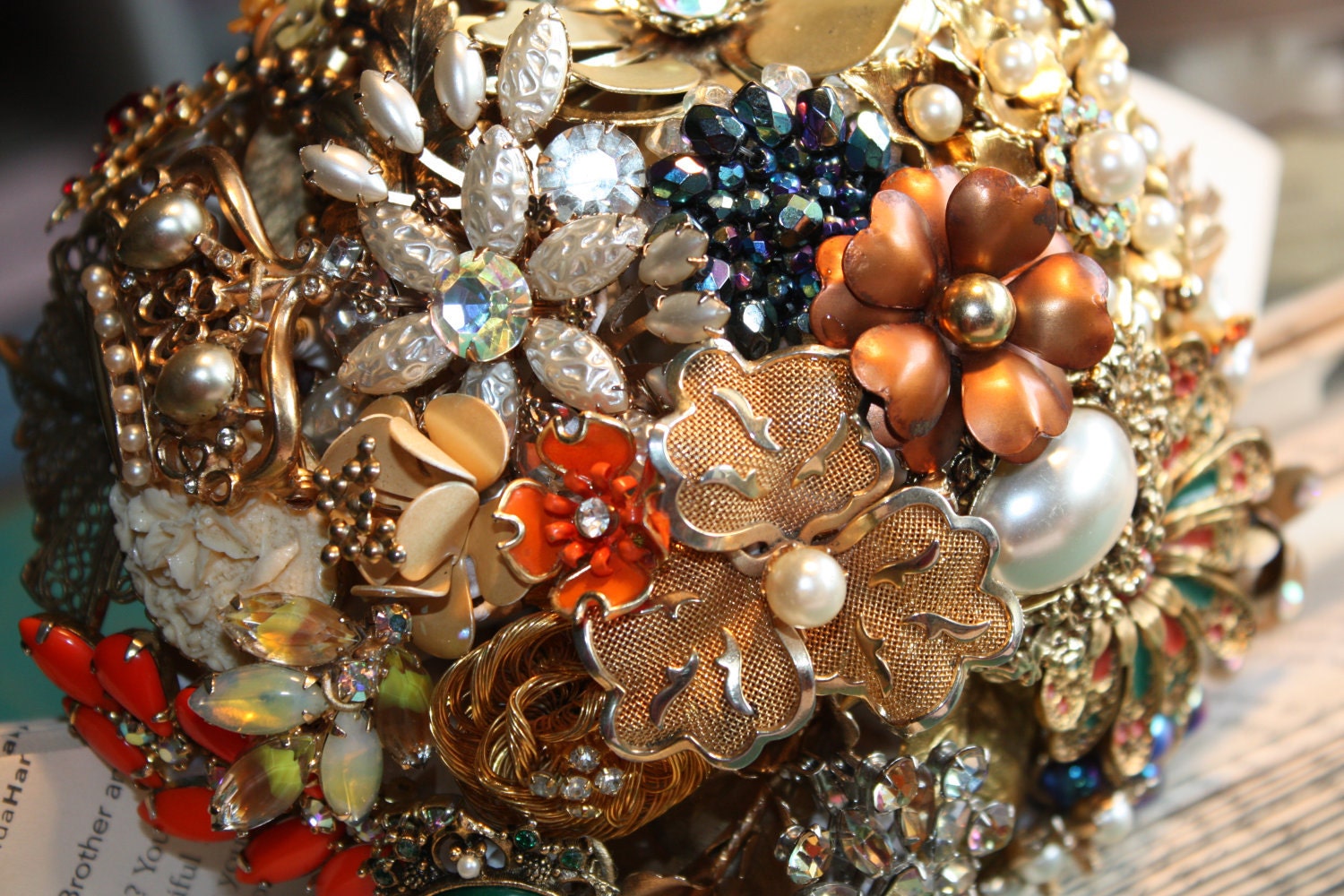 Gold Custom Brooch Bouquet full of vintage brooches