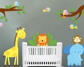 childrens removable vinyl wall decal  Elephant Giraffe Monkey Lion Birds with 2 tree branches great for any nursery kids room or playroom