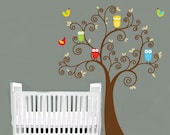Kids tree with a set of 4 owls and birds  vinyl wall decal cute for a nursery or childs room