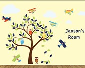 Kids childrens vinyl wall decal Tree with owls and Vintage AirPlanes set of 6 and 4 clouds and kids name Great for boy nursery