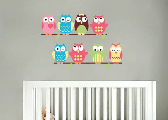 Kids set of 8 owls on a thin branch vinyl wall decal cute for a nursery or childs room