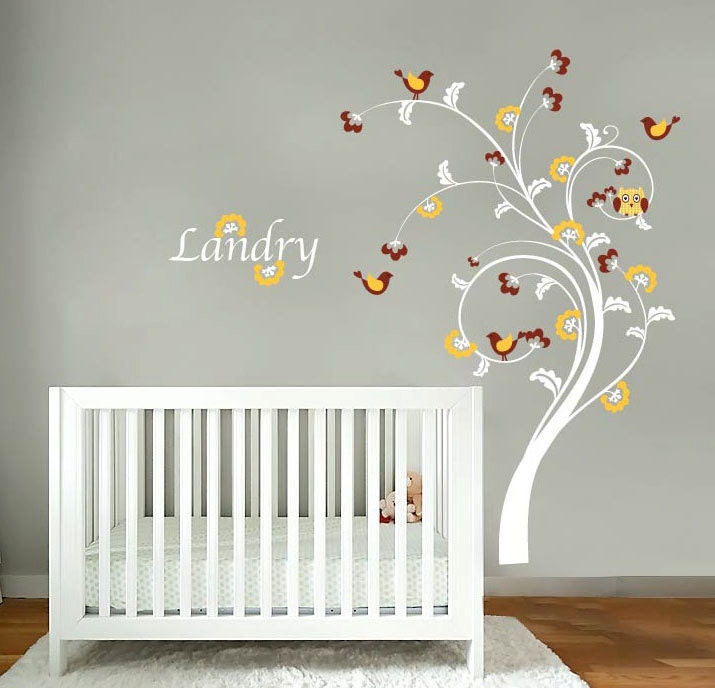 Kids swirl tree vinyl wall decal with birds flowers and Childs name letters cute for any nursery