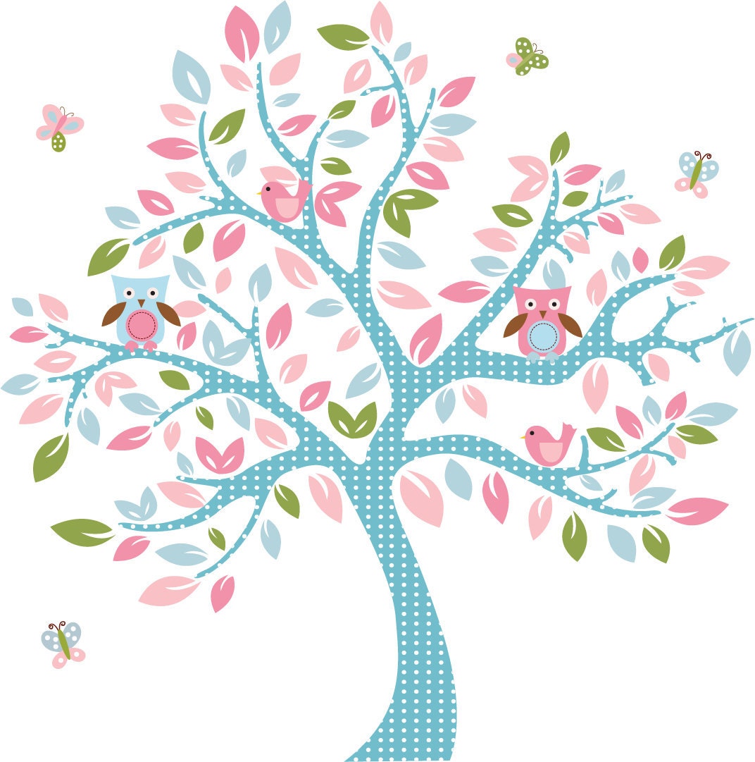 ON SALE Kids tree vinyl wall decal with owls and butterflys So sweet for any girl nursery