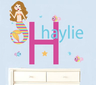 Kids initial monogram name with mermaid fish starfish and bubbles vinyl wall decal