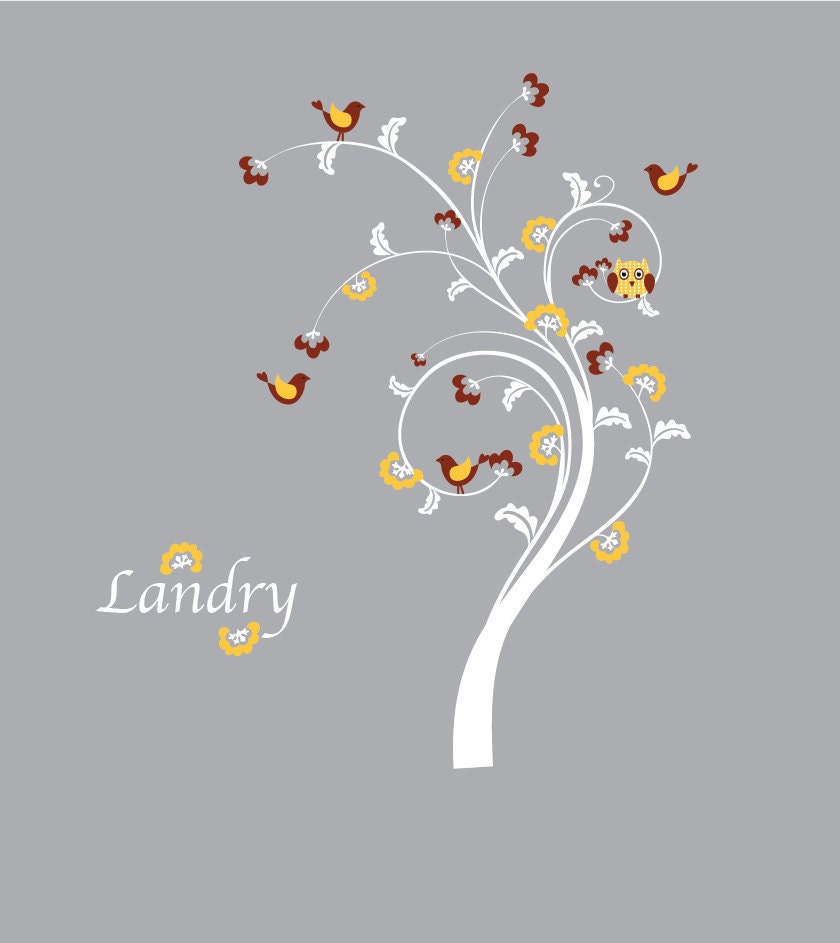 Kids swirl tree vinyl wall decal with birds flowers and Childs name letters cute for any nursery