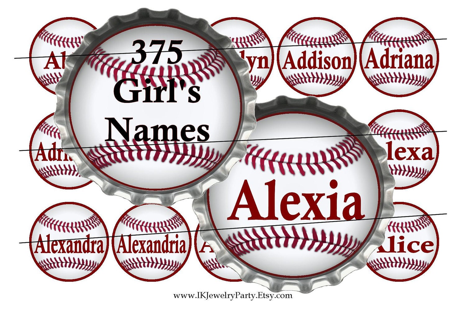 375 Girls Names - Softball 1 Inch Bottle Cap Images Package - 25 Image sheets with 375 names on softballs