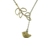 antiqued vintage swallow branch leaf bird lariat metalwork charm necklace pendant with 16 inches chain handmade jewelry   - 1106
