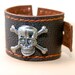 Brown leather cuff biker style, bracelet, wristband for men, with chromed skull, ONE OF A KIND