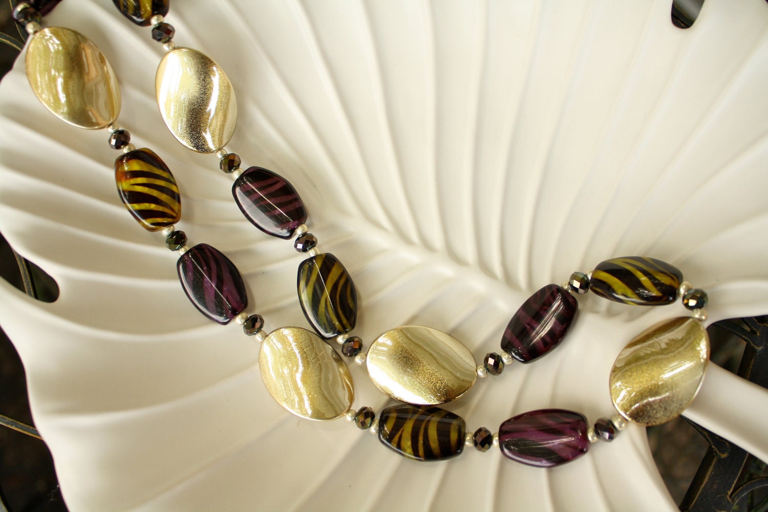 Animal Print Necklace with Gold, Purple, and Yellow Beads - Earrings Included - Tribal, Zebra Stripes, Bold