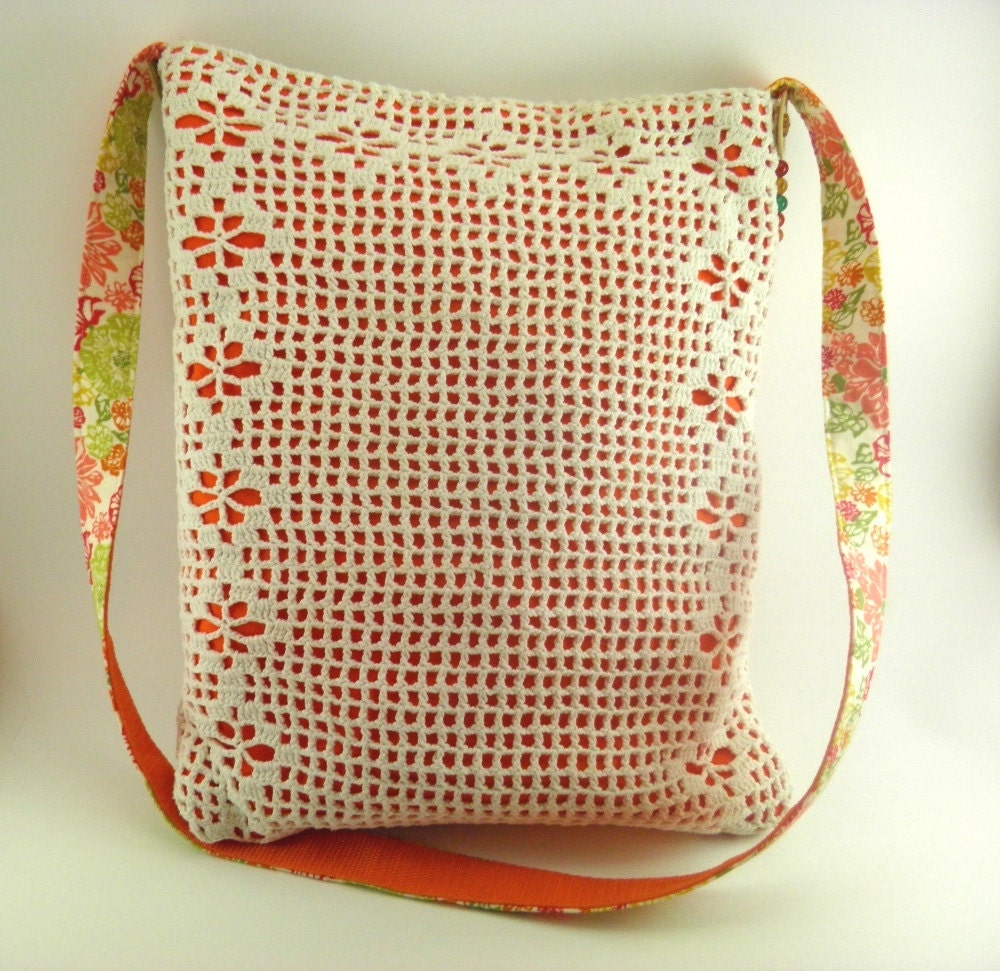 Orange handbag, vintage doily, orange purse, orange bag