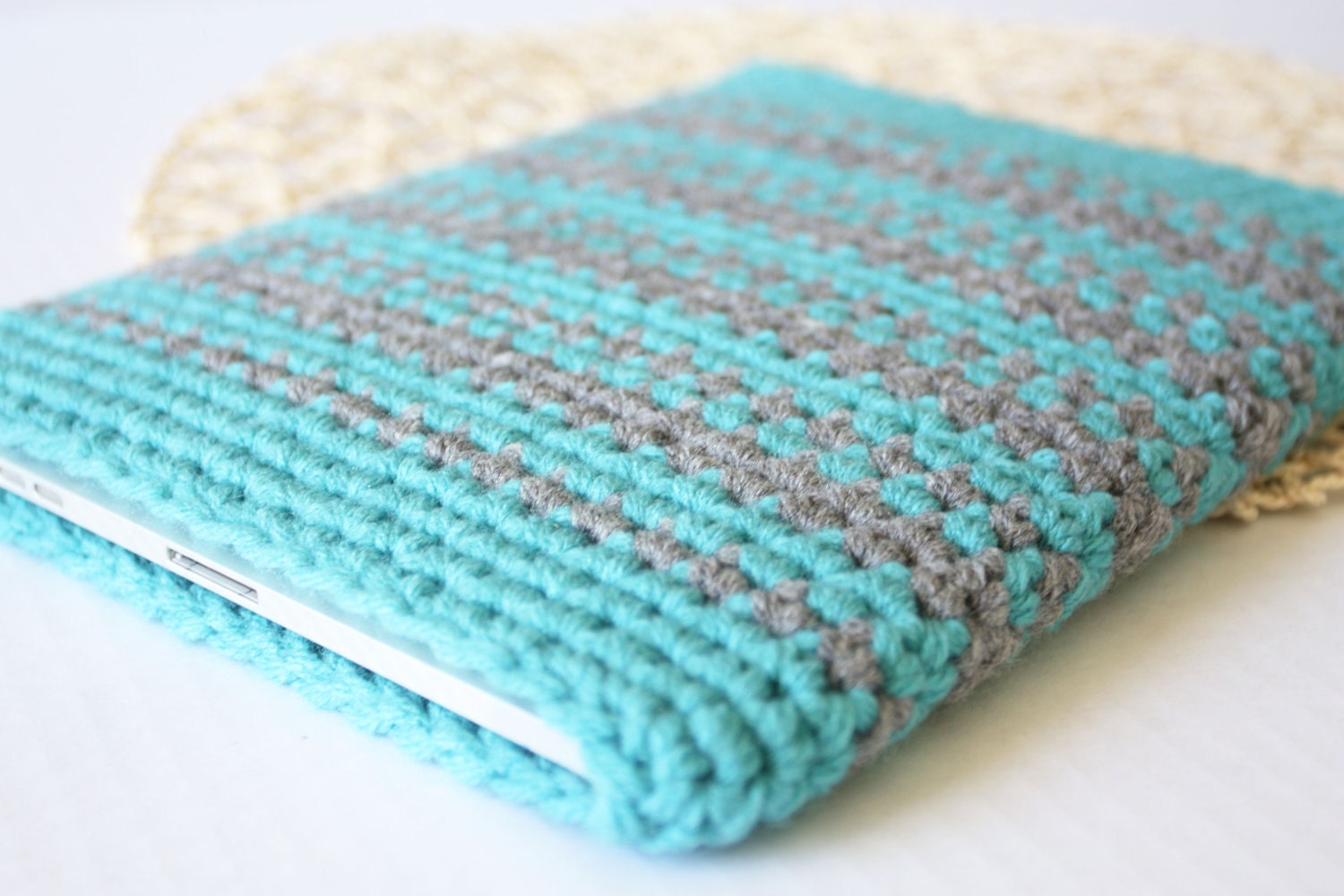 iPad sleeve,  iPad cover  or iPadcase - stripes ocean blue and gray- crochet tablet cover for galaxy, kindle fire HD or nexus 7