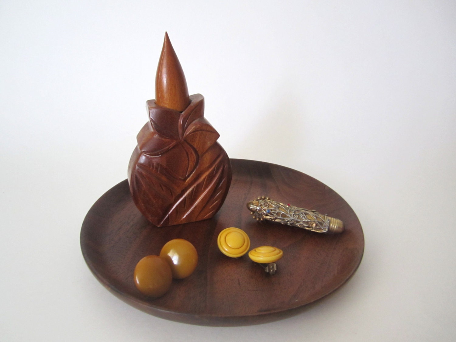 Large Carved Monkey Pod Wood Plumeria Perfume Bottle by JOHN A. OYA & COMPANY // Tropic Kiss // Remembrance of Pikake // Honolulu, T H