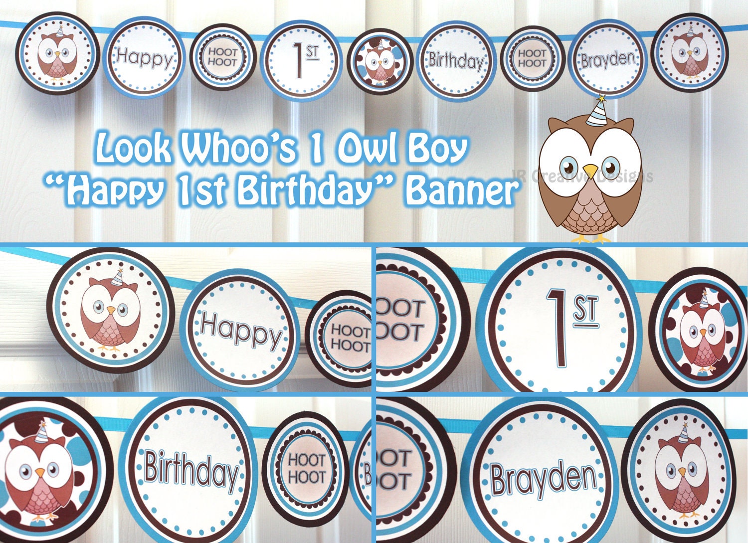 Owl Happy Birthday Banner Boy Look Whoo's 1 Owl Banner Boy Birthday Personalized banner - 1st birthday party Boy Owl 1st Birthday Banner