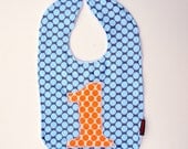 Birthday Baby Bib applique 1 1st boy blue polka dot amy butler cotton chenille snap
