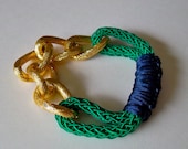 Bling Bracelet in Kelly Green Crochet Rope, Oversized Chunky Gold Chain, and Navy Blue Silk Chord