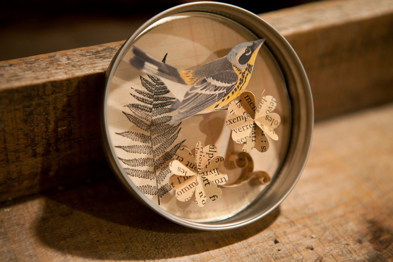 Paper Art Mini Quilled Flowers with Bird, Canning Jar Lid Silver