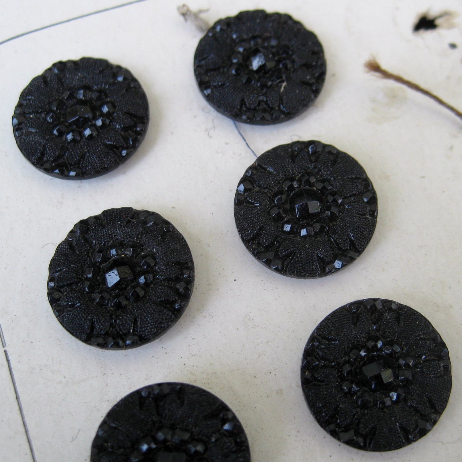 Antique Victorian 1900s Black Czech Glass Ornate Flowers Dress Buttons on Original Card