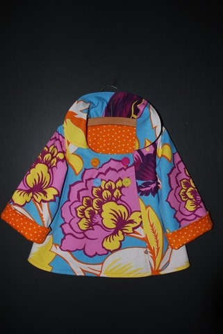 Girl's Swing Coat Jacket in Retro Floral print in Aqua, Purple, Orange and Yellow with orange flannel lining- Size 18-24m