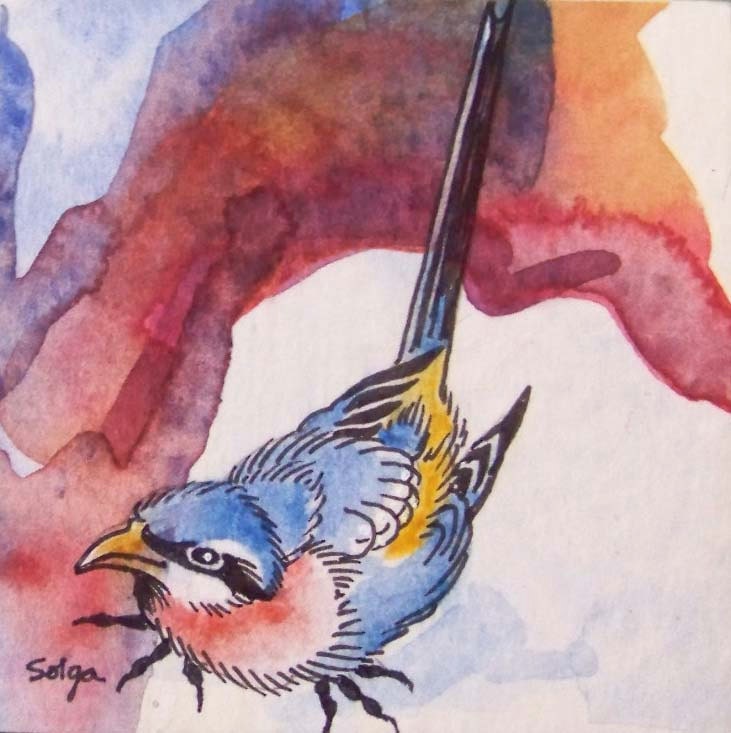 Bluebird Friend - Original watercolor mounted on antique red fir block