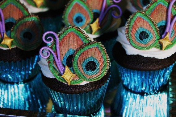 Edible Peacock Wedding Feathers Cupcake Toppers