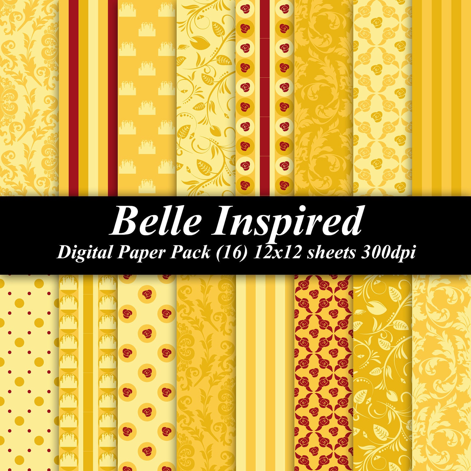 Belle Inspired Digital Paper Pack (16) 12x12 sheets 300 dpi scrapbook invitations birthday princess disney gold red