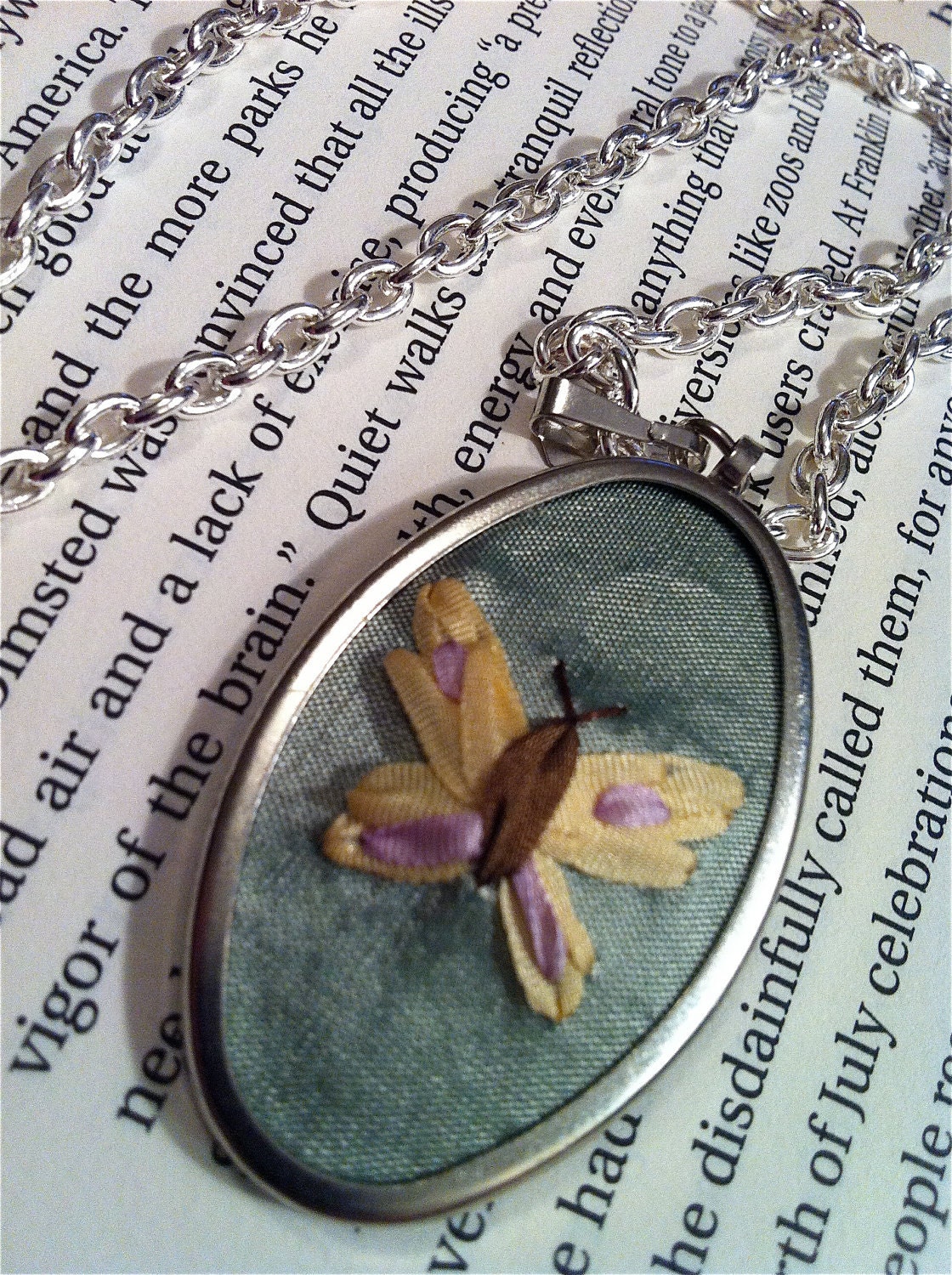 Hand Embroidered Butterfly Pendant Necklace - Silk Ribbon Embroidery by BeanTown Embroidery