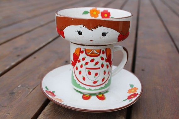 Mug, Bowl, Plate Set Stacking as Freckled Face Girl With Strawberry Apron
