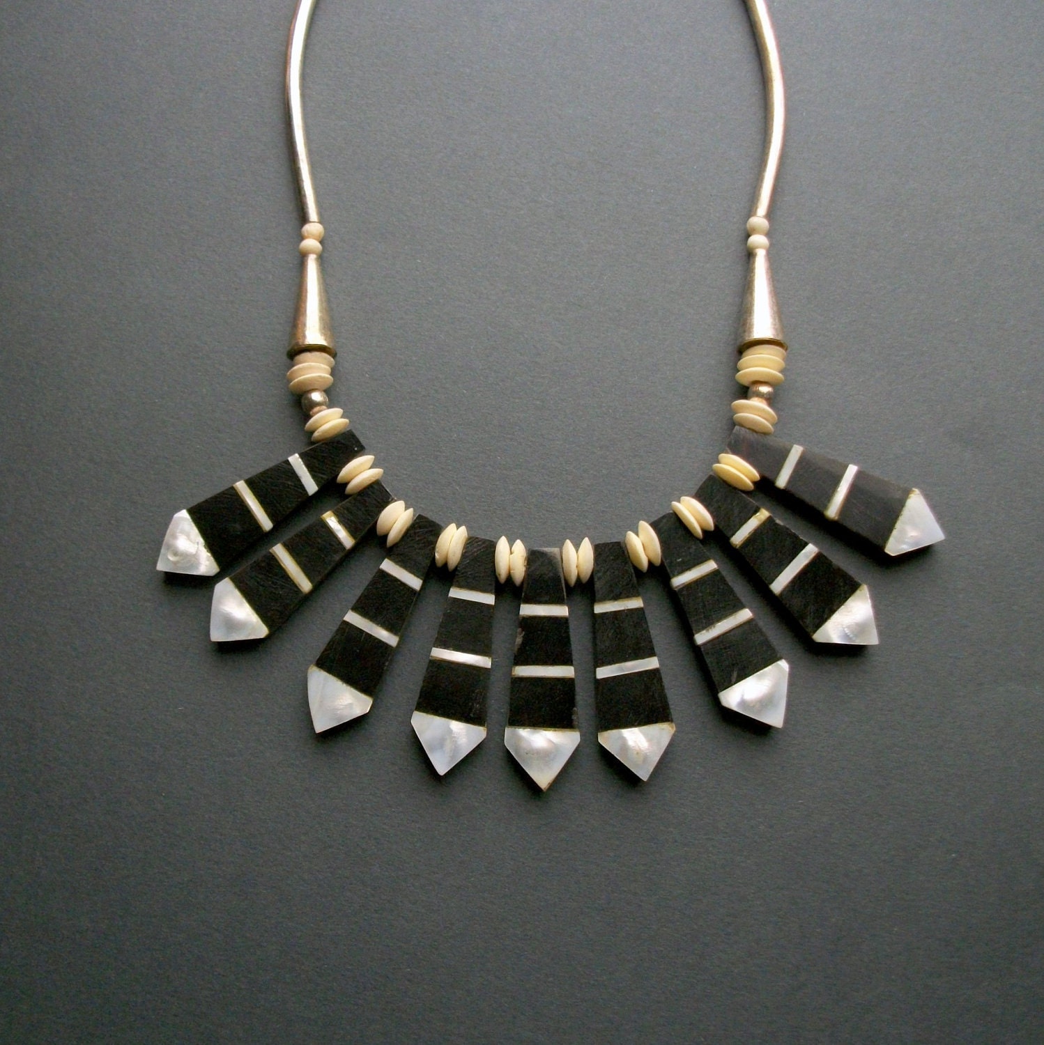 Tribal Horn Bib Necklace . Mother of Pearl . Bone . Black and White .