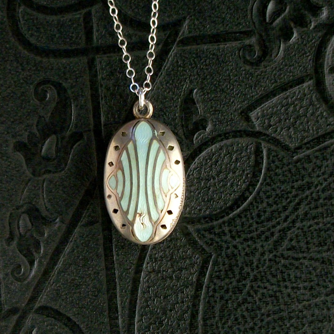 Antique Sterling Vinaigrette Perfume Locket Pendant Necklace . Pale Mint Green Enamel .