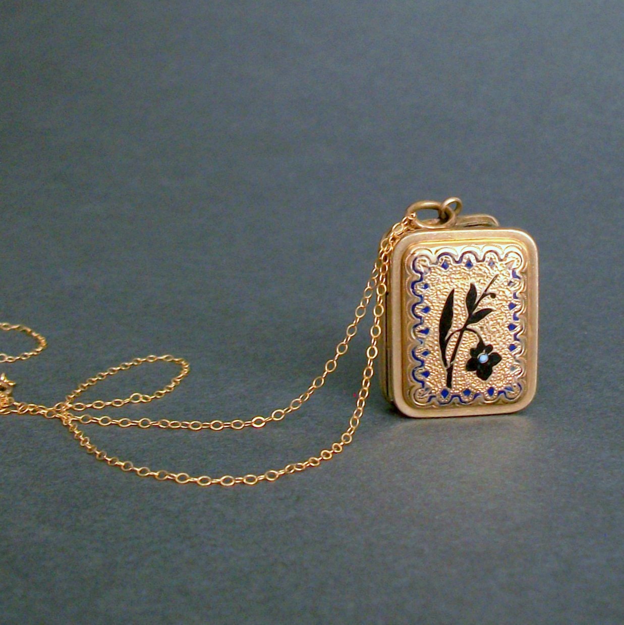 Antique Victorian Locket. Black Orchid. Taille dEpergne Enamel. Floral. Blue.