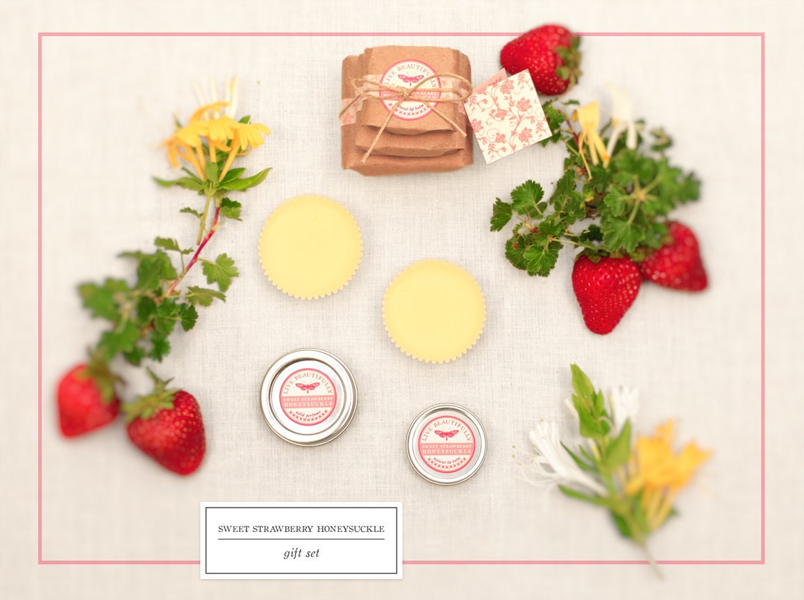 Lip Balm, Perfume, and Lotion Bars - Gift Set, Sweet Strawberry Honeysuckle - Summer Strawberries and Crisp Florals - All Natural
